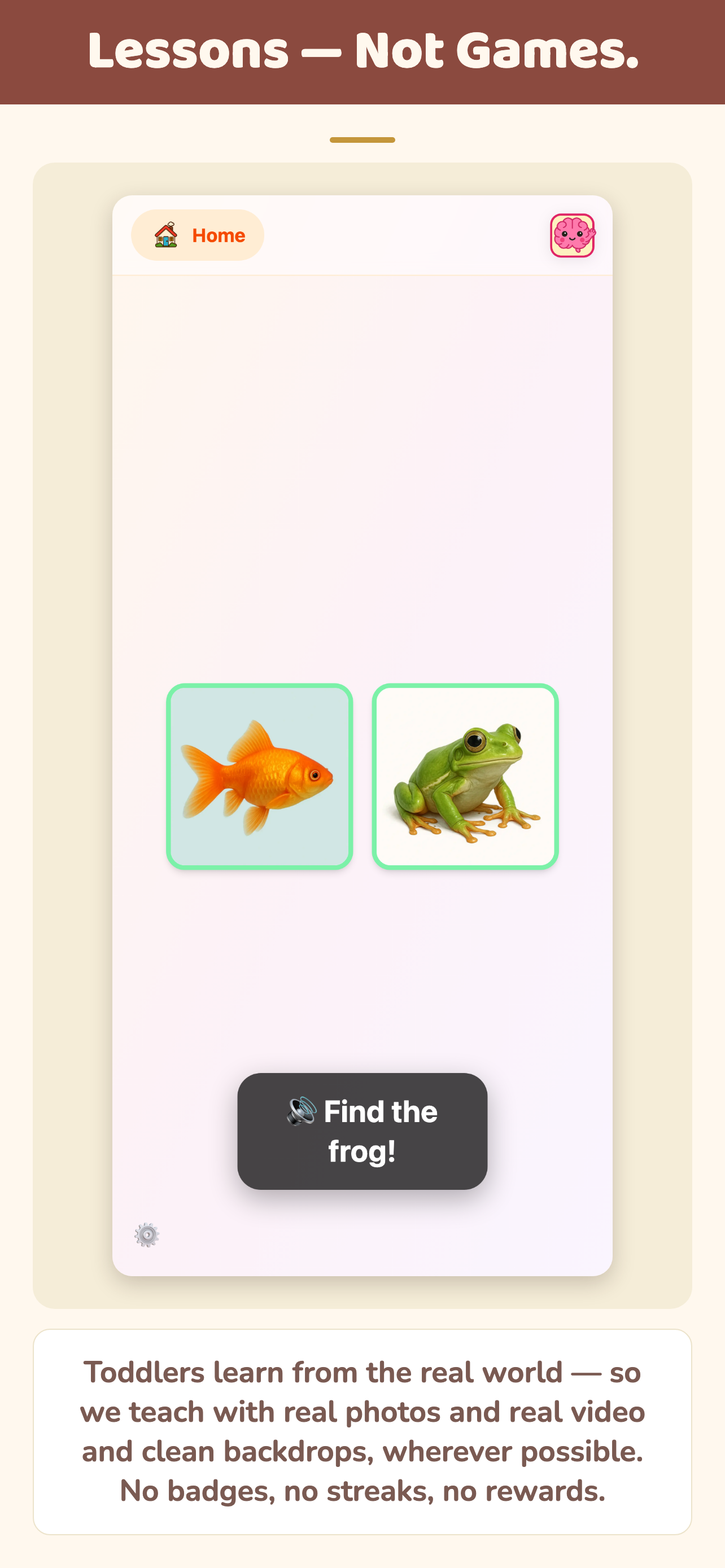 Lessons, not games — real photos and real video, no badges or streaks or rewards