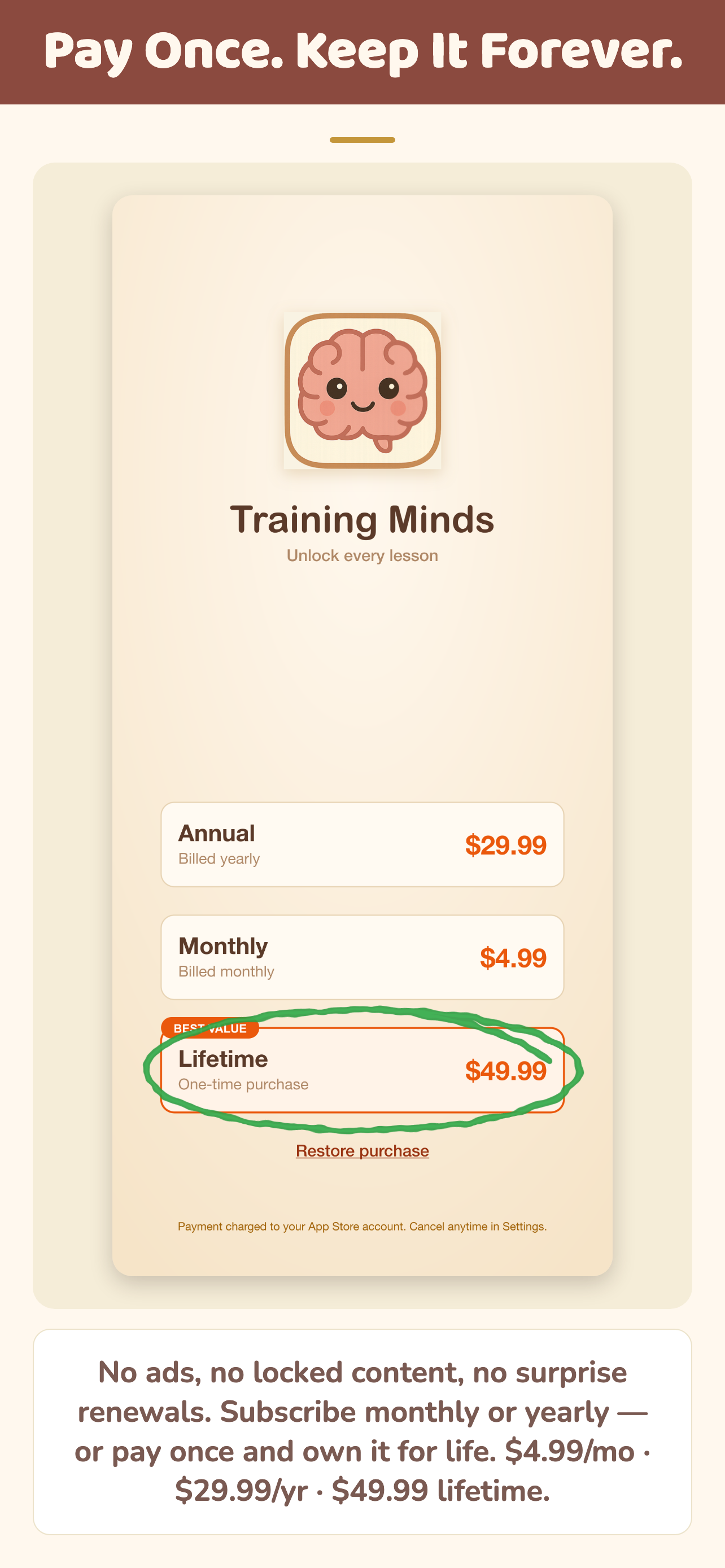 Pay once, keep it forever — no forced subscription